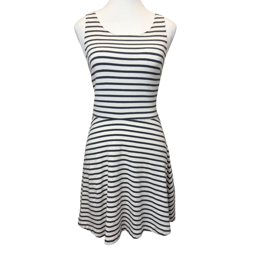 American Eagle Small Striped Skater Dress Navy White Criss Cross Back Cutout